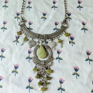 Ornate Green Stone Silver Statement Necklace